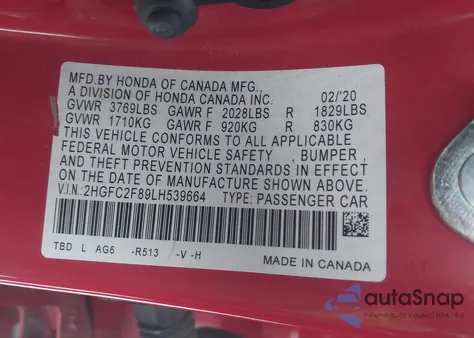 2020 Honda Civic Sport z USA, uszkodzony, nr VIN 2HGFC2F89LH539664